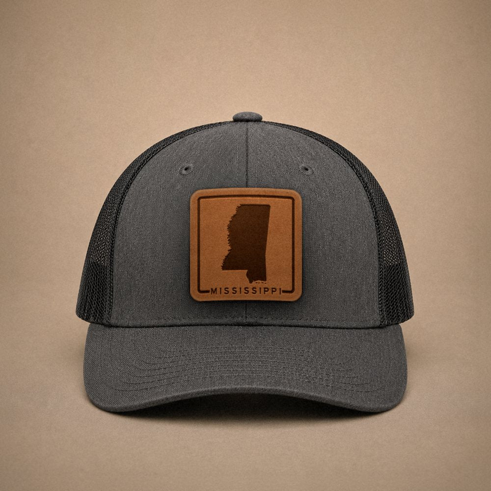 Dark Heather Grey Mississippi hats — Mississippi Outline Leather Patch Trucker Hat
