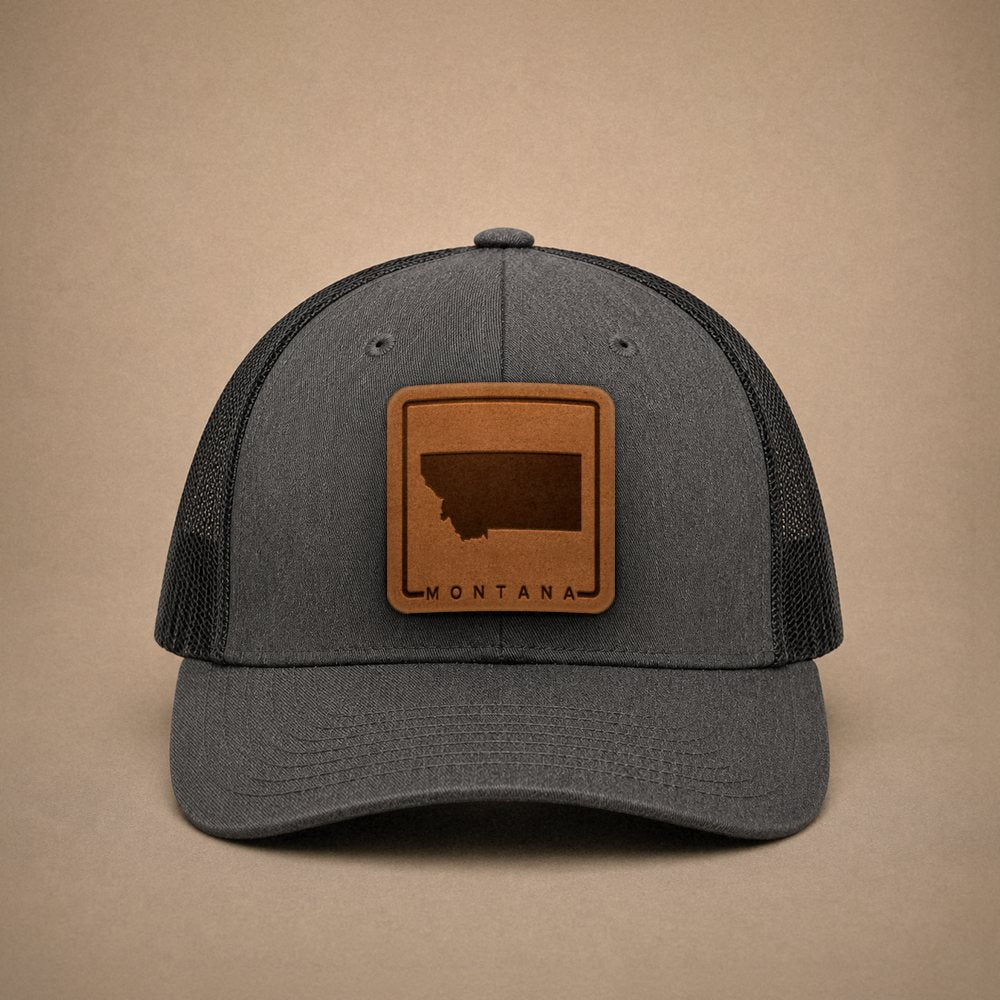 Dark Heather Grey Montana hats — Montana Outline Leather Patch Trucker Hat