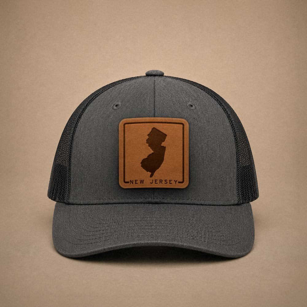 Dark Heather Grey New Jersey hats — New Jersey Outline Leather Patch Trucker Hat