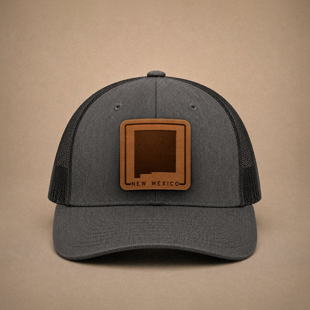 Dark Heather Grey New Mexico hats — New Mexico Outline Leather Patch Trucker Hat