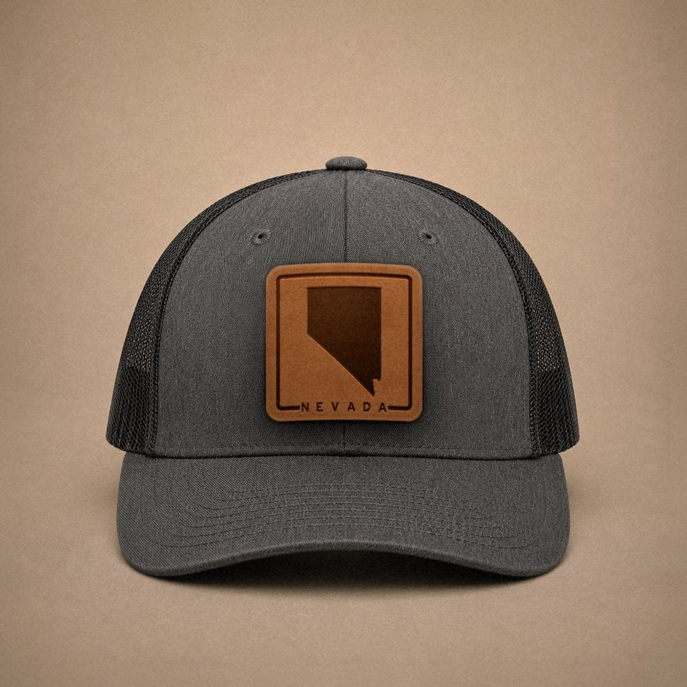 Dark Heather Grey Nevada hats — Nevada Outline Leather Patch Trucker Hat