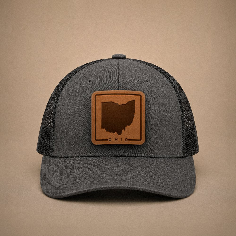 Dark Heather Grey Ohio hats — Ohio Outline Leather Patch Trucker Hat