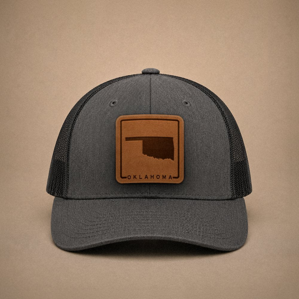Dark Heather Grey Oklahoma hats — Oklahoma Outline Leather Patch Trucker Hat