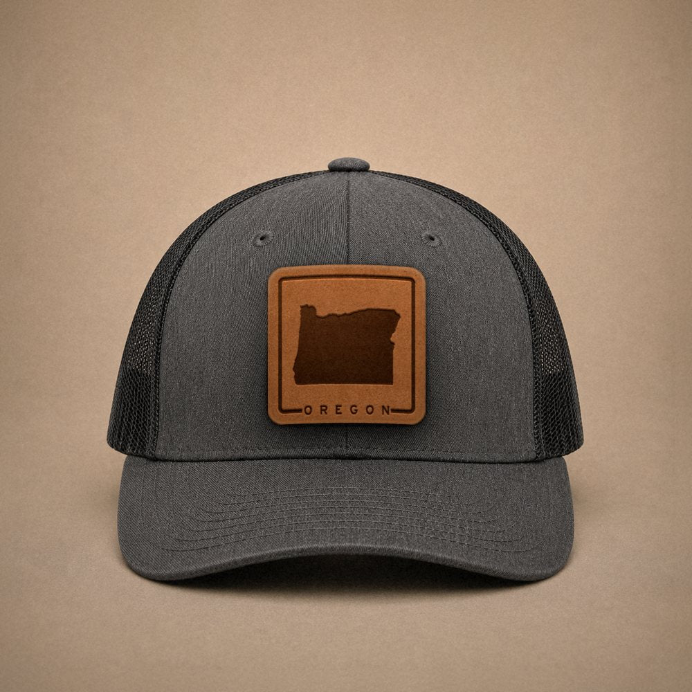 Dark Heather Grey Oregon hats — Oregon Outline Leather Patch Trucker Hat
