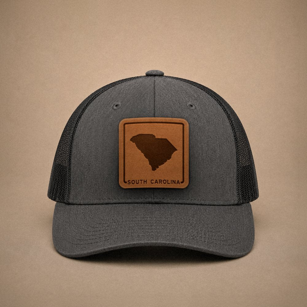 Dark Heather Grey South Carolina hats — South Carolina Outline Leather Patch Trucker Hat