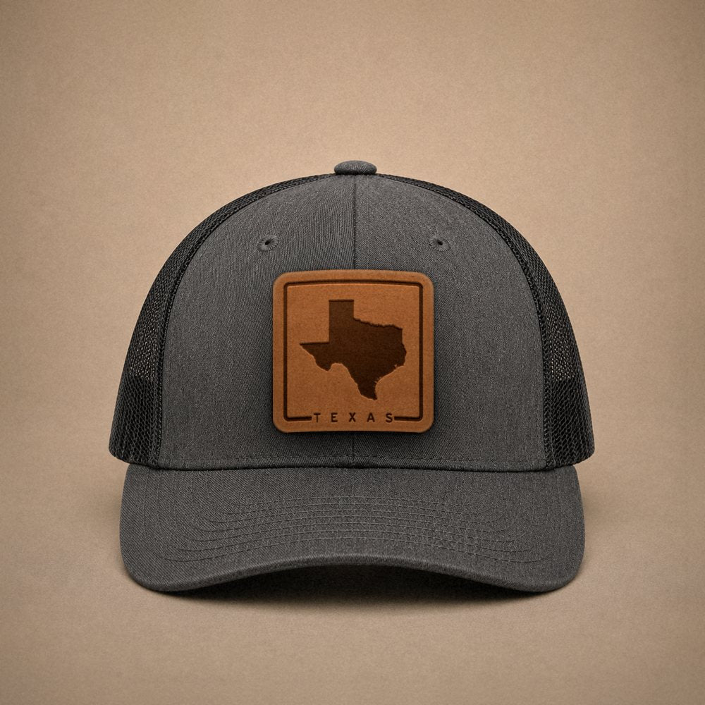 Dark Heather Grey Texas hats — Texas Outline Leather Patch Trucker Hat