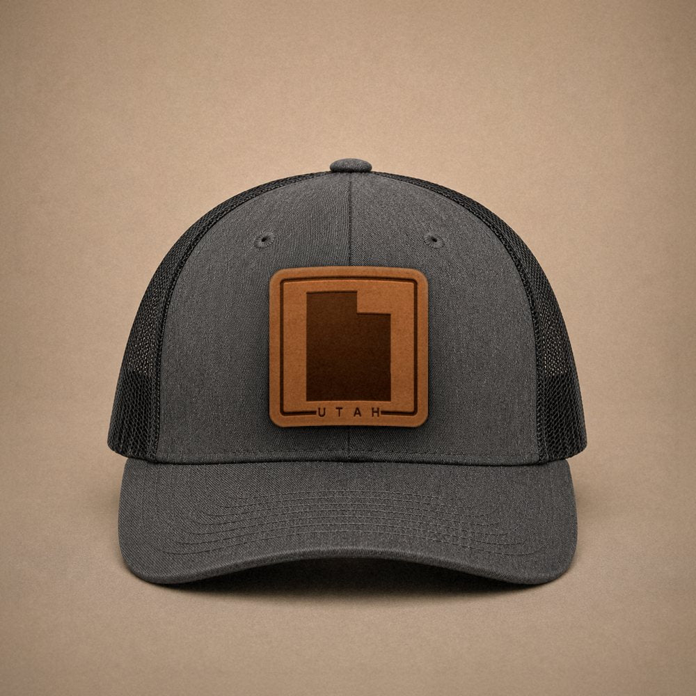 Dark Heather Grey Utah hats — Utah Outline Leather Patch Trucker Hat