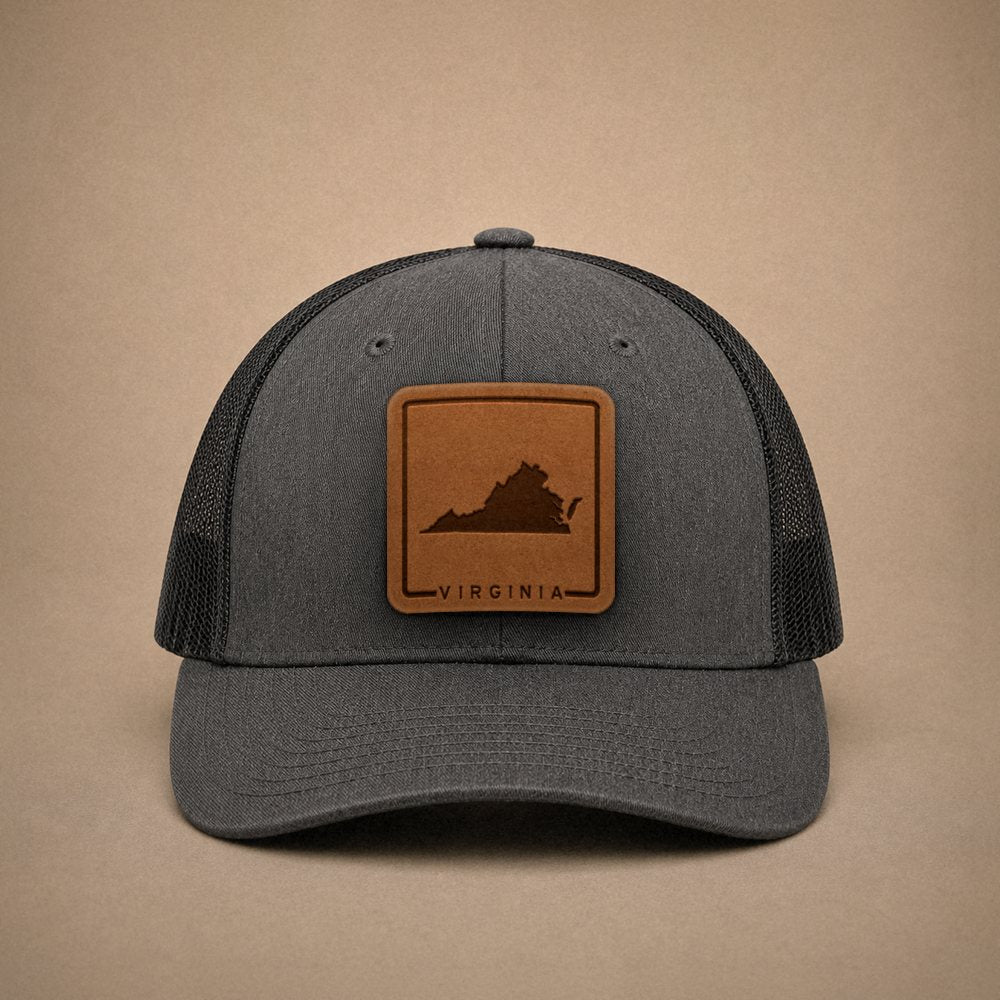 Dark Heather Grey Virginia hats — Virginia Outline Leather Patch Trucker Hat