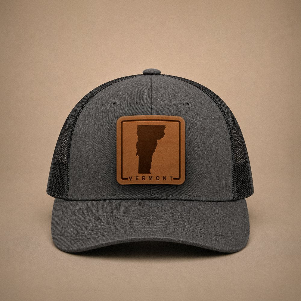 Dark Heather Grey Vermont hats — Vermont Outline Leather Patch Trucker Hat