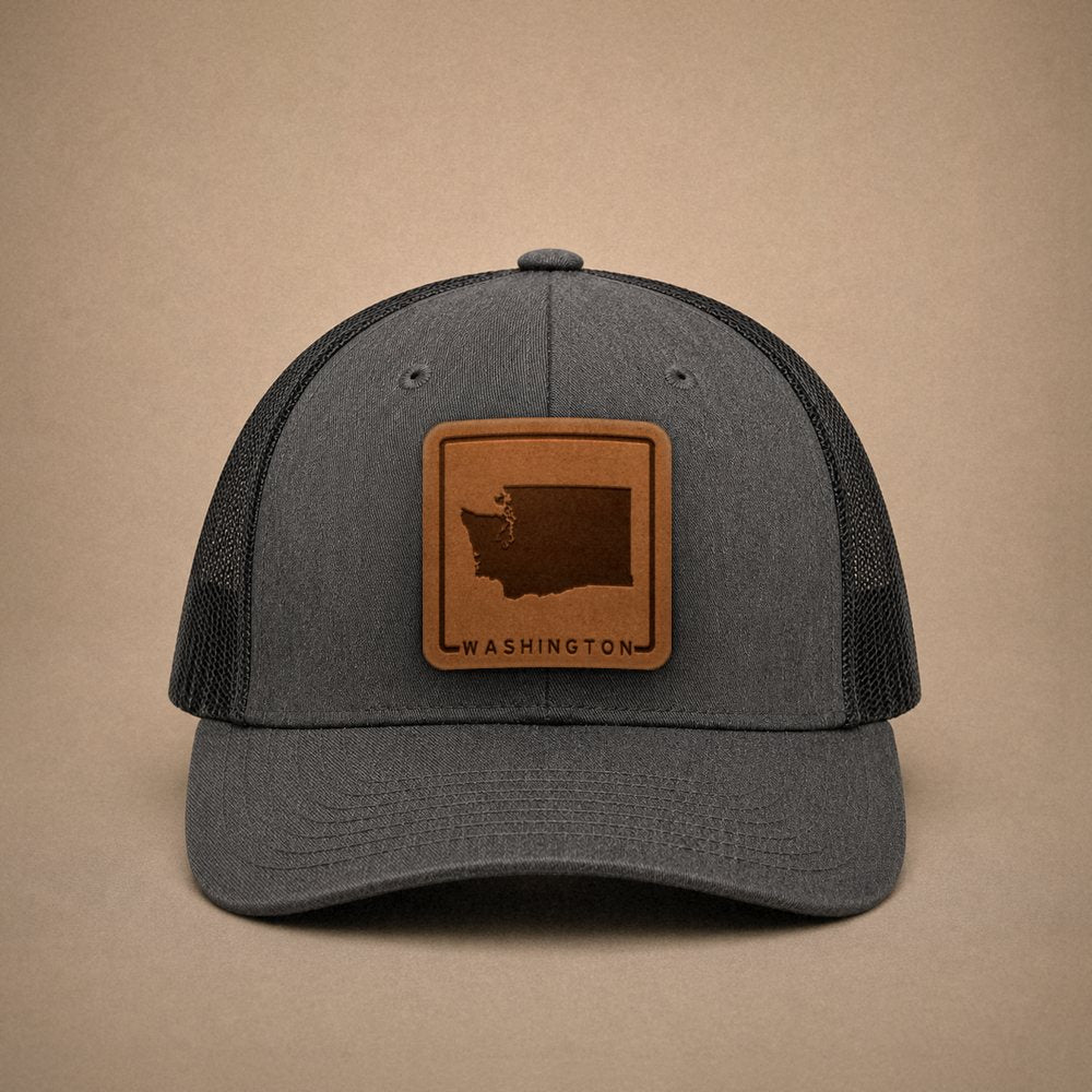 Dark Heather Grey Washington hats — Washington Outline Leather Patch Trucker Hat