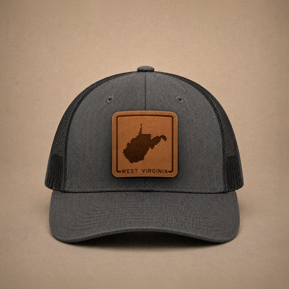 Dark Heather Grey West Virginia hats — West Virginia Outline Leather Patch Trucker Hat