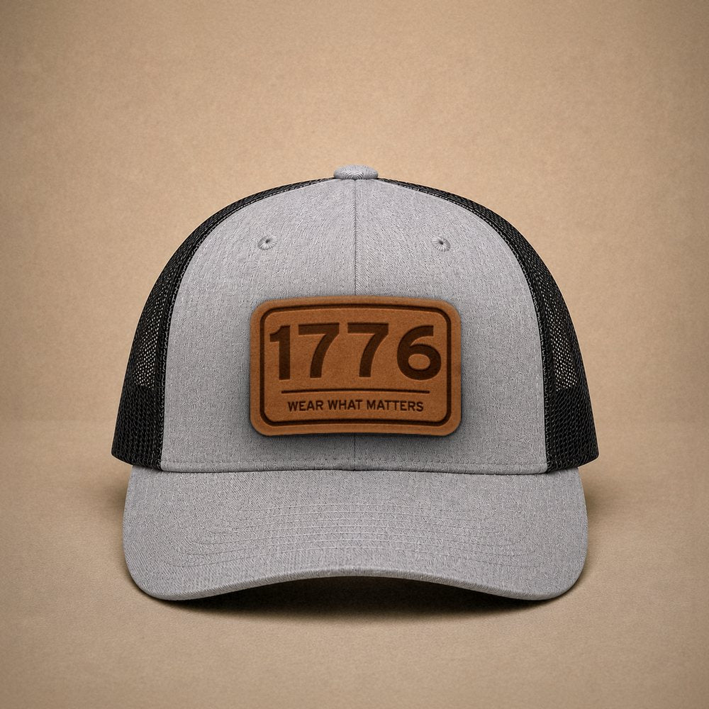 Heather Grey USA hats — 1776 Leather Patch Trucker Hat