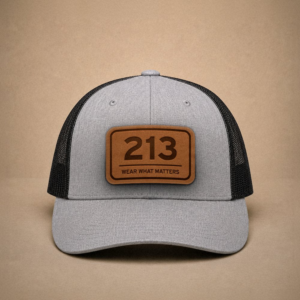 Heather Grey Los Angeles hats — Los Angeles 213 Leather Patch Trucker Hat