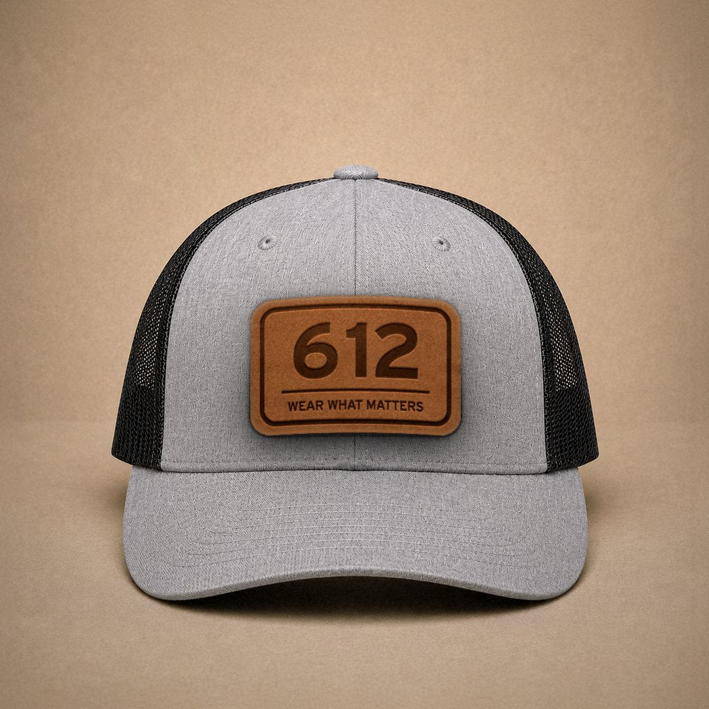 Heather Grey Minneapolis hats — Minneapolis 612 Leather Patch Trucker Hat