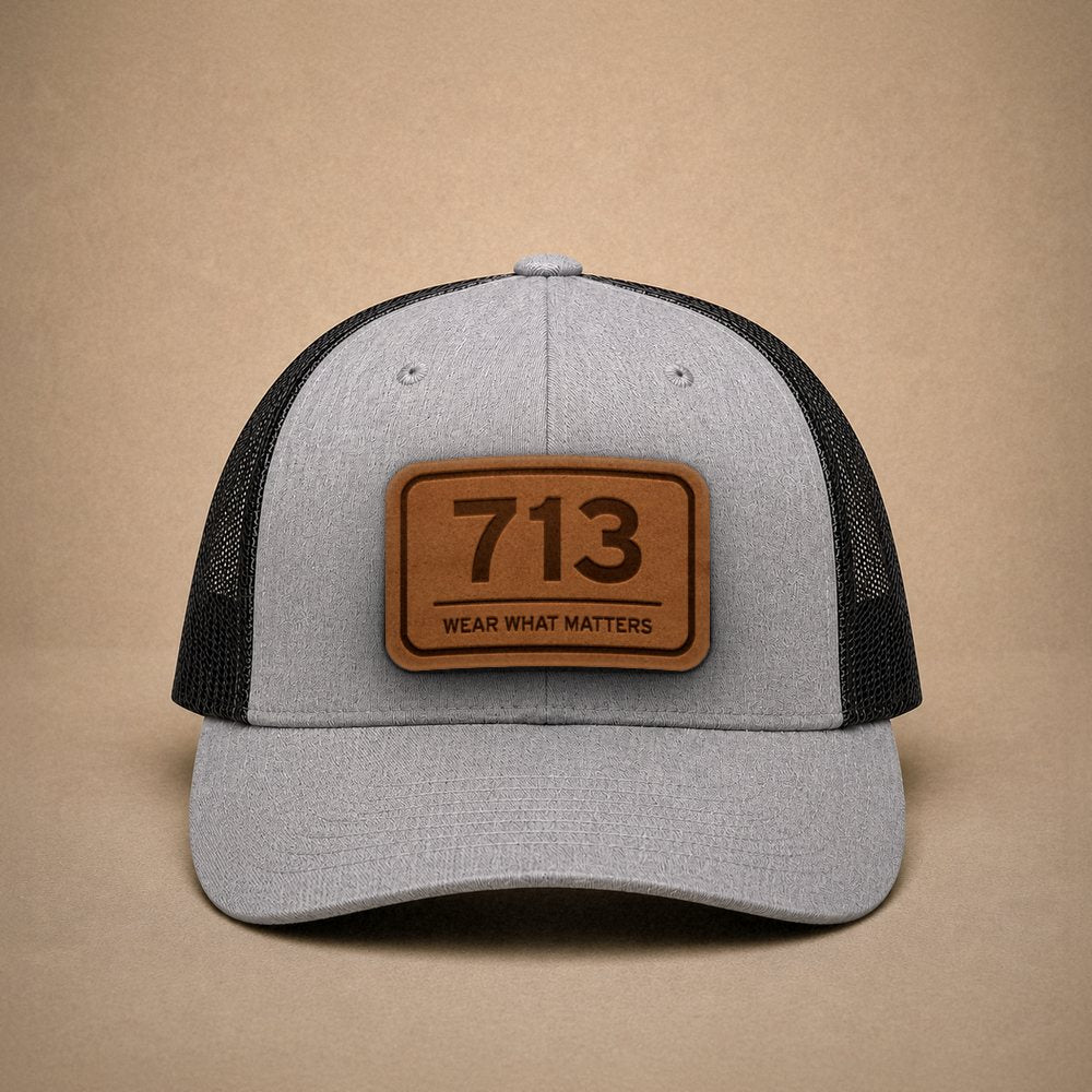 Heather Grey Houston hats — Houston 713 Leather Patch Trucker Hat