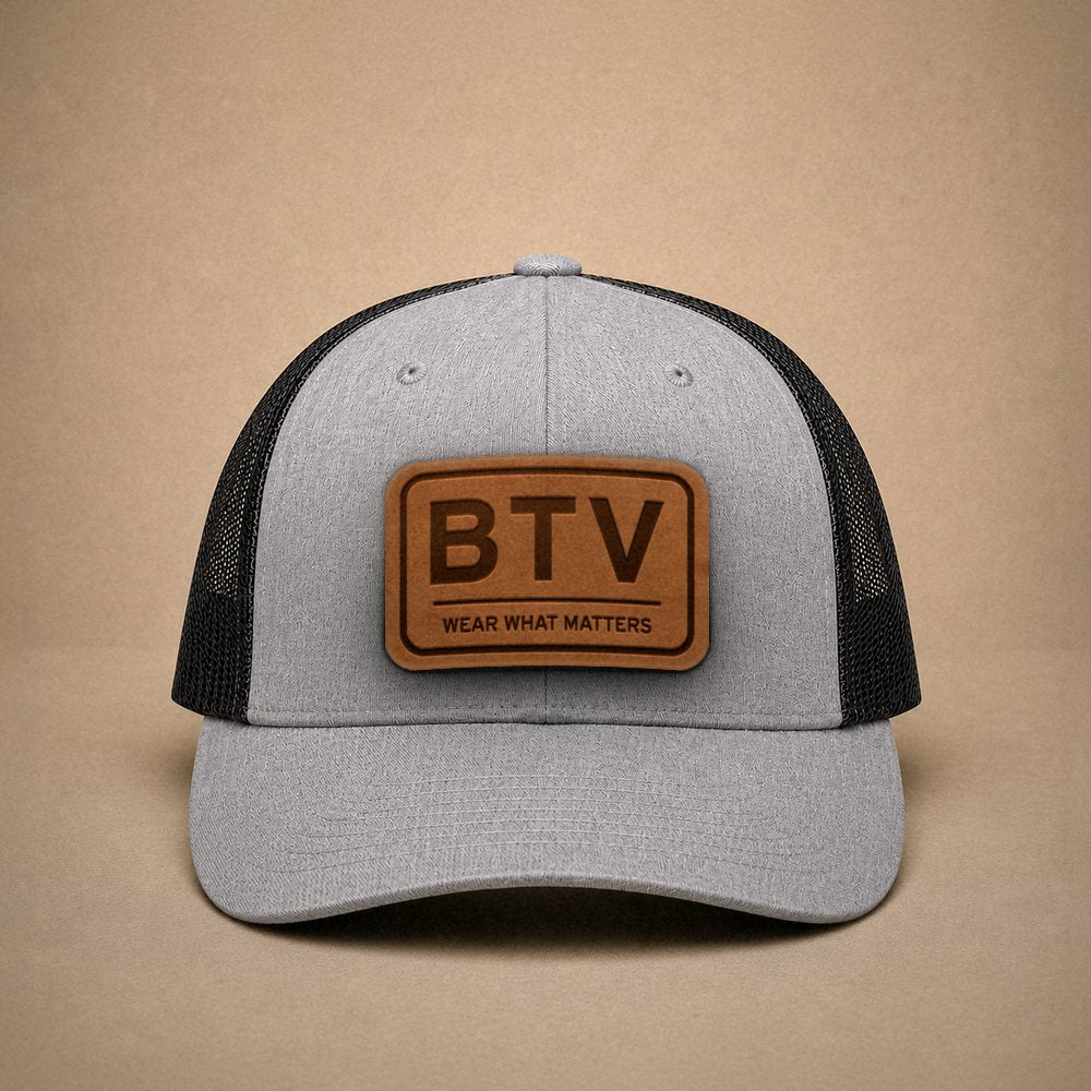 Heather Grey Burlington hats — Burlington BTV Leather Patch Trucker Hat