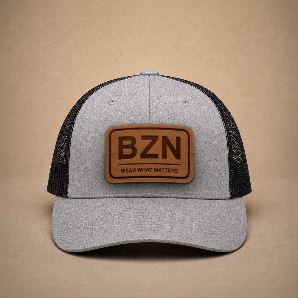 Heather Grey Bozeman hats — Bozeman BZN Leather Patch Trucker Hat