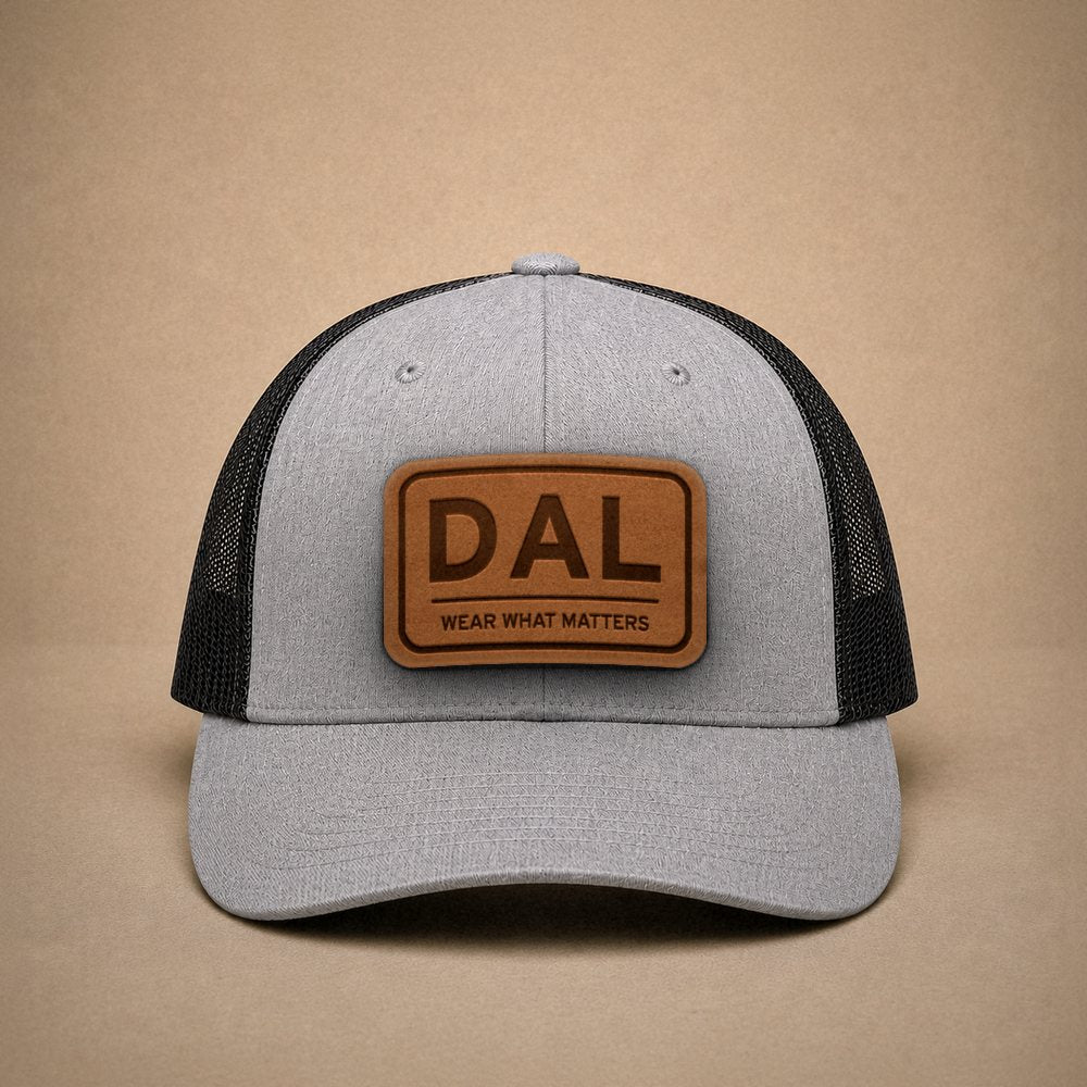 Heather Grey Dallas hats — Dallas DAL Leather Patch Trucker Hat