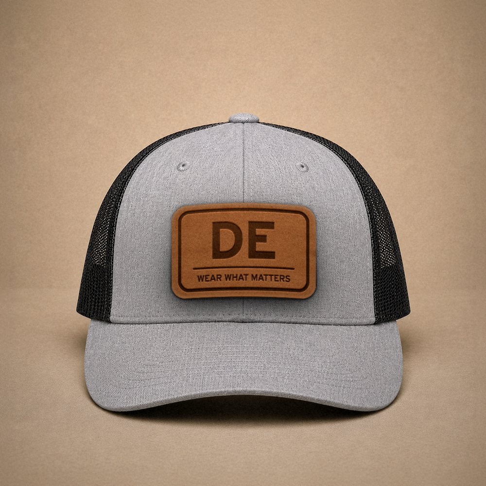Heather Grey Delaware hats — Delaware DE Leather Patch Trucker Hat