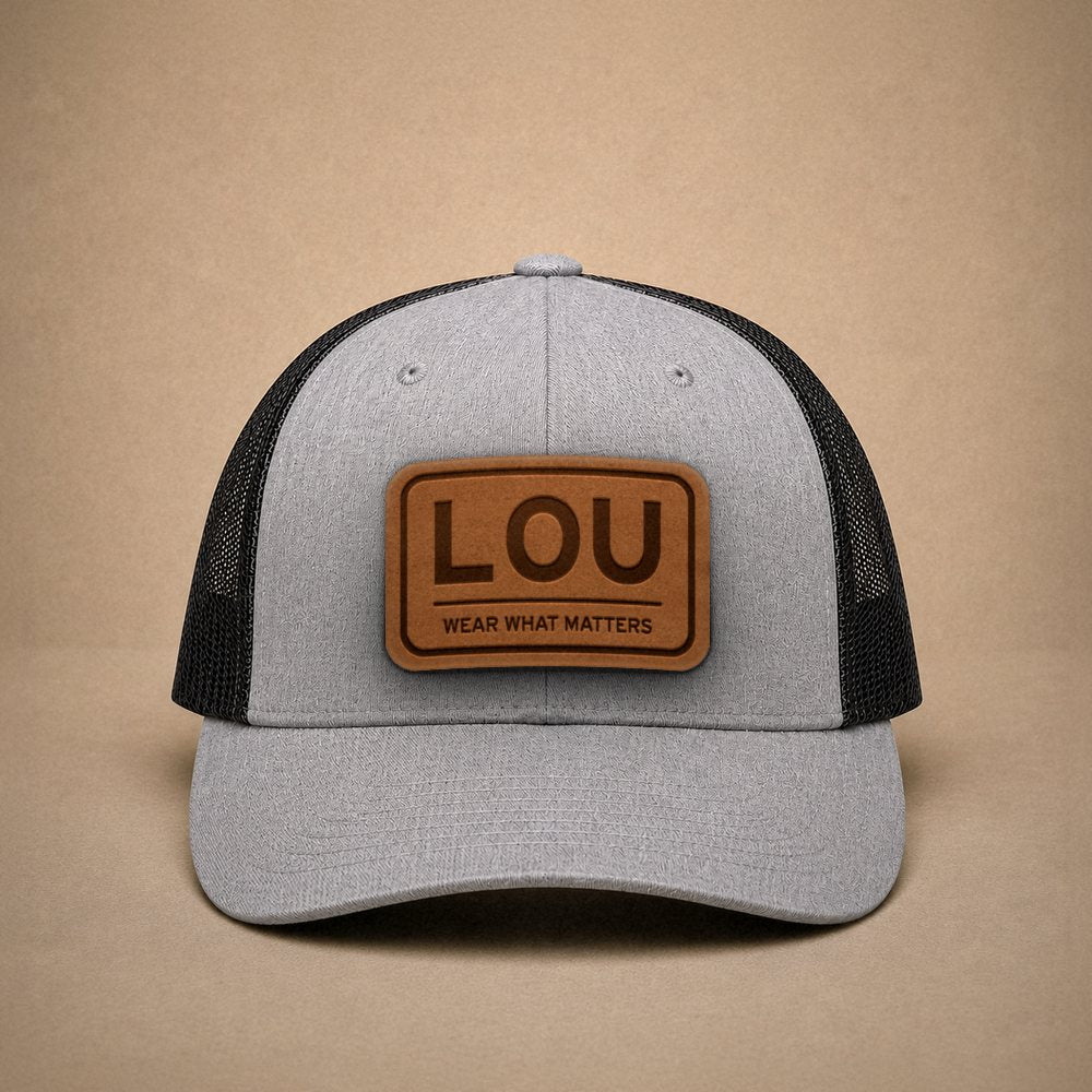 Heather Grey Louisville hats — Louisville LOU Leather Patch Trucker Hat
