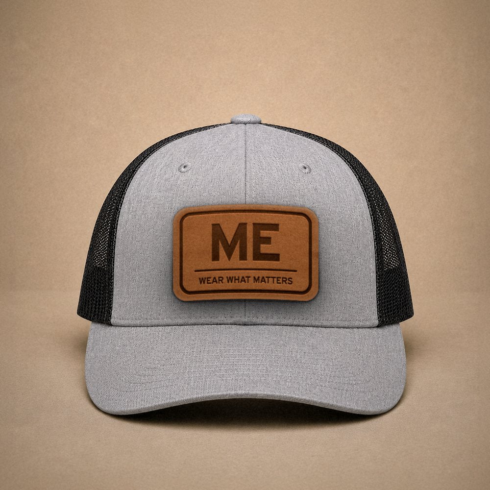 Heather Grey Maine hats — Maine ME Leather Patch Trucker Hat