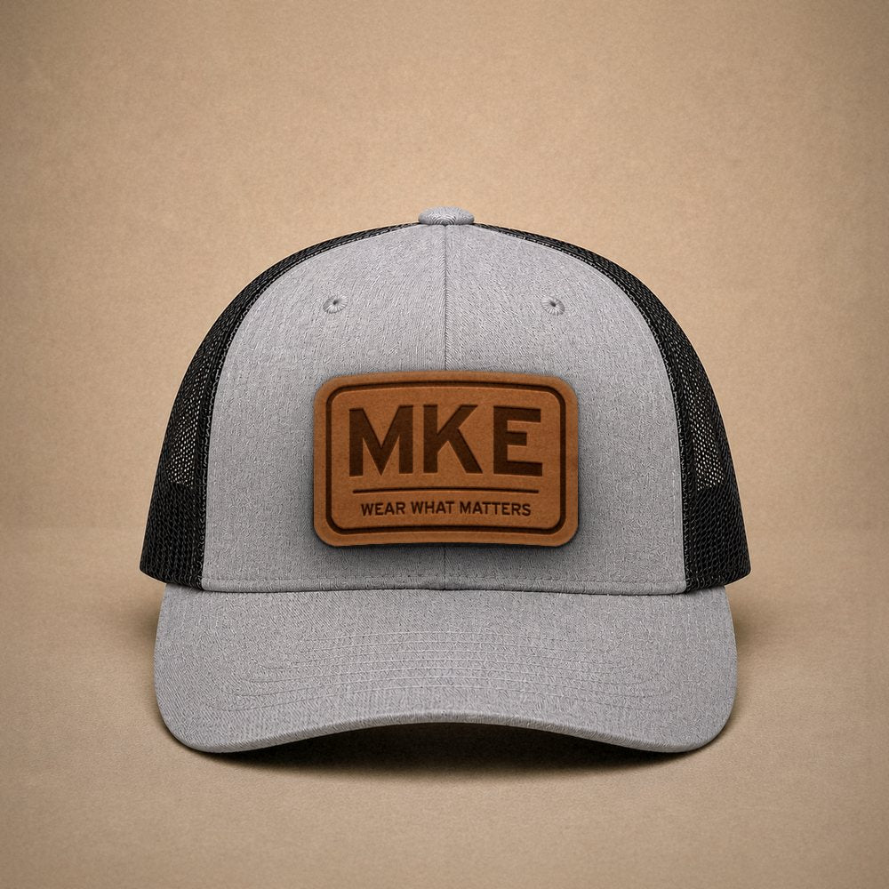 Heather Grey Milwaukee hats — Milwaukee MKE Leather Patch Trucker Hat