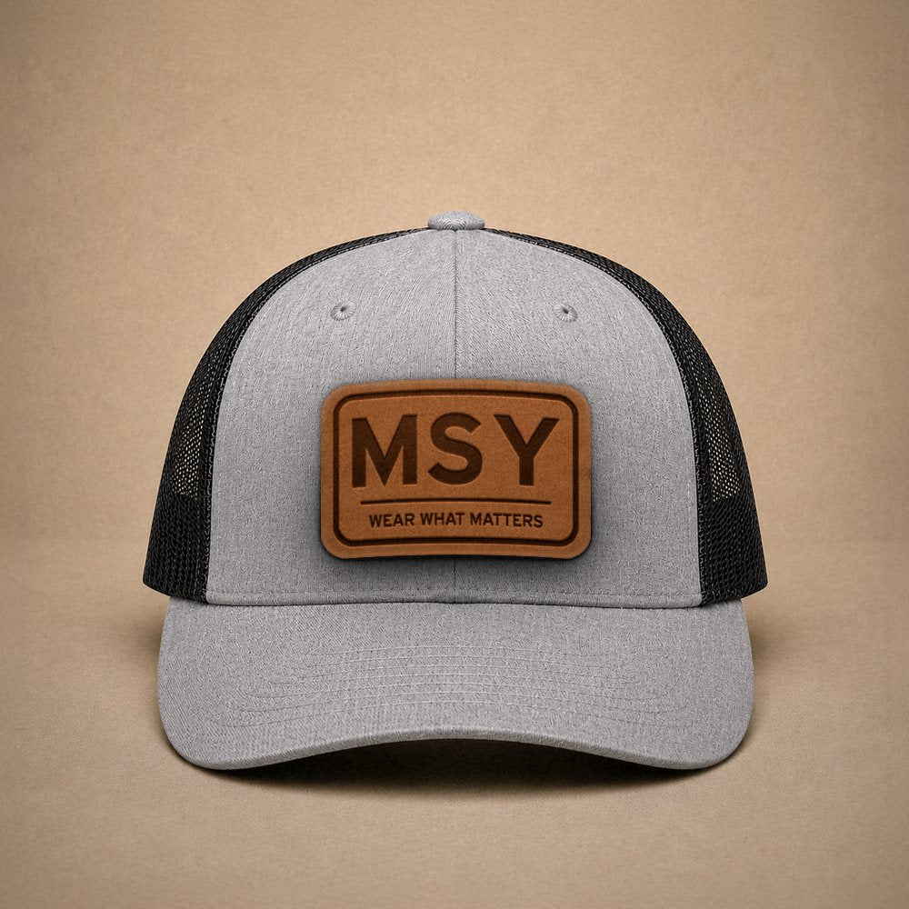 Heather Grey New Orleans hats — New Orleans MSY Leather Patch Trucker Hat
