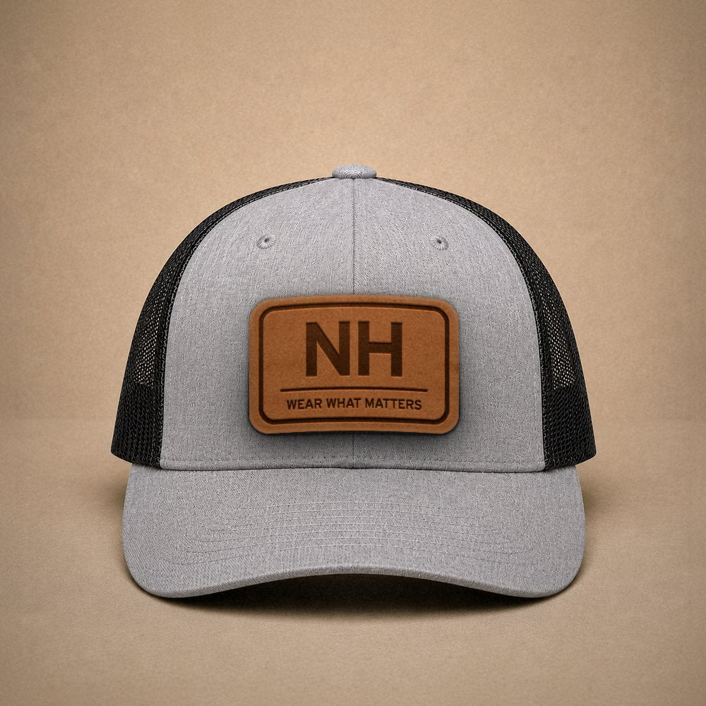 Heather Grey New Hampshire hats — New Hampshire NH Leather Patch Trucker Hat