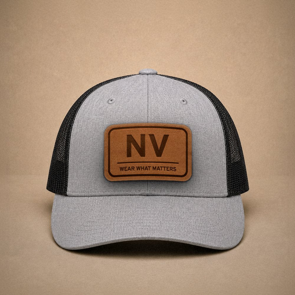 Heather Grey Nevada hats — Nevada NV Leather Patch Trucker Hat