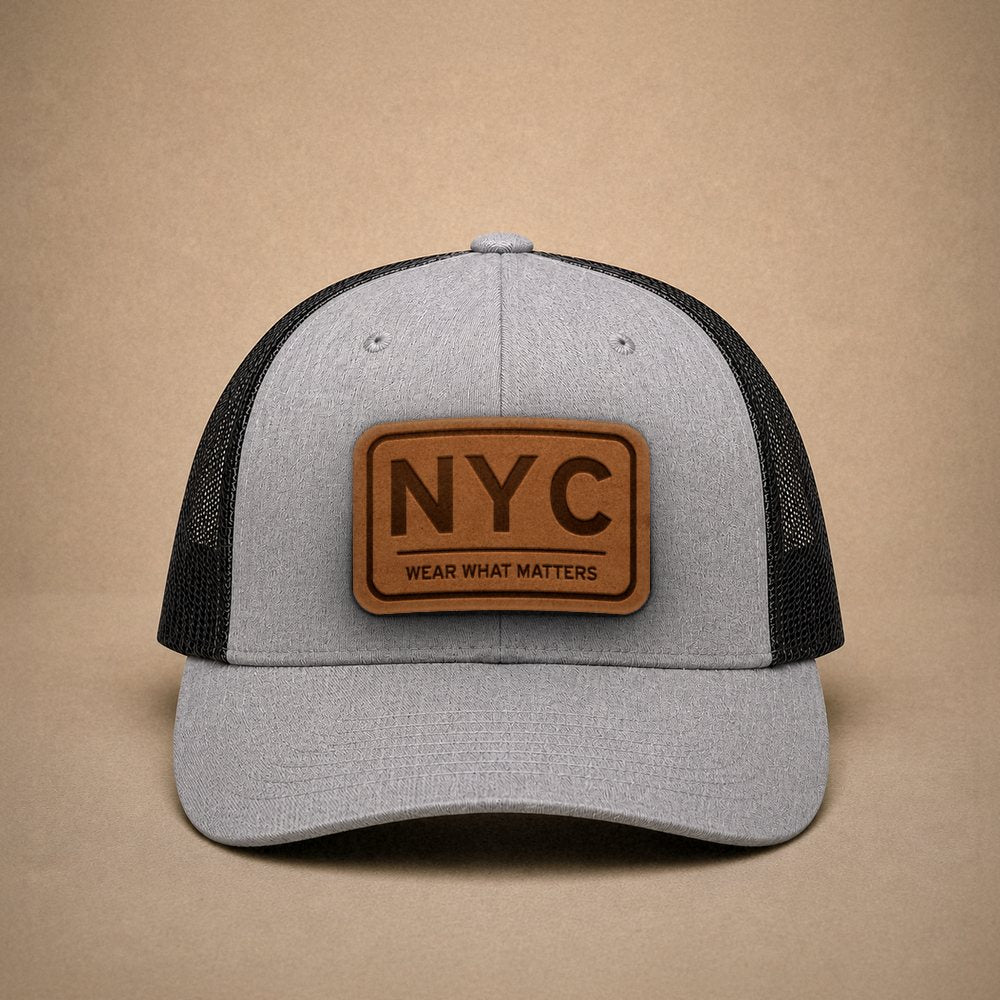Heather Grey New York City hats — New York City NYC Leather Patch Trucker Hat