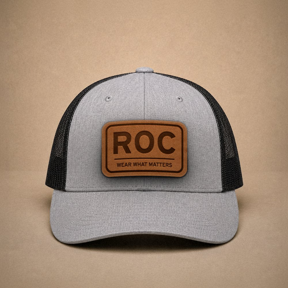 Heather Grey Rochester hats — Rochester ROC Leather Patch Trucker Hat