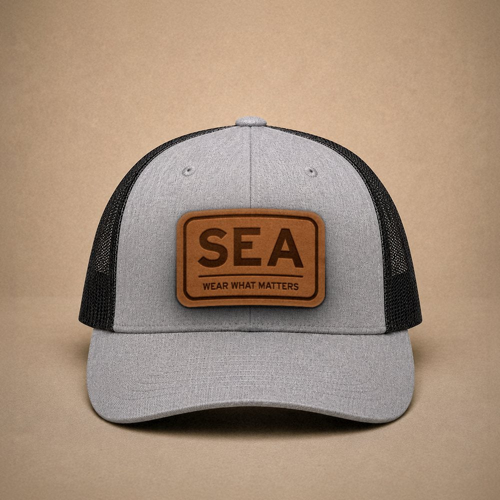 Heather Grey Seattle hats — Seattle SEA Leather Patch Trucker Hat