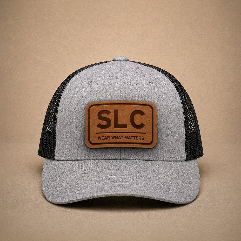 Heather Grey Salt Lake City hats — Salt Lake City SLC Leather Patch Trucker Hat