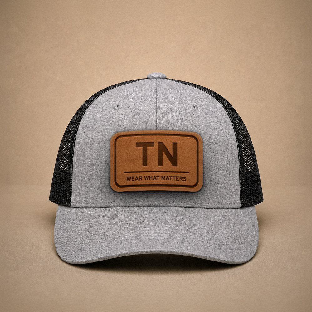 Heather Grey Tennessee hats — Tennessee TN Leather Patch Trucker Hat