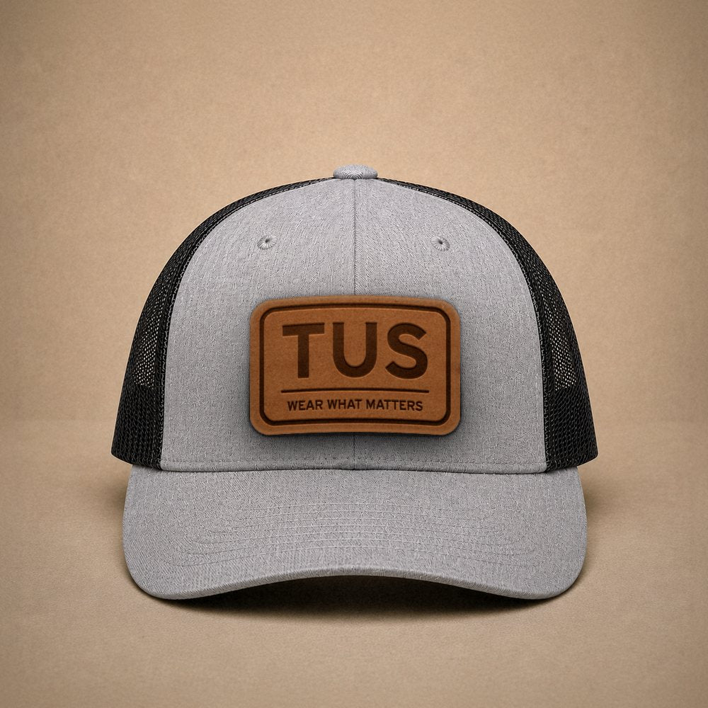 Heather Grey Tucson hats — Tucson TUS Leather Patch Trucker Hat