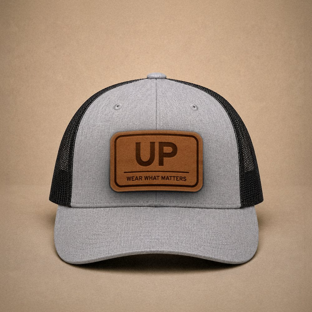 Heather Grey Upper Peninsula hats — Upper Peninsula UP Leather Patch Trucker Hat