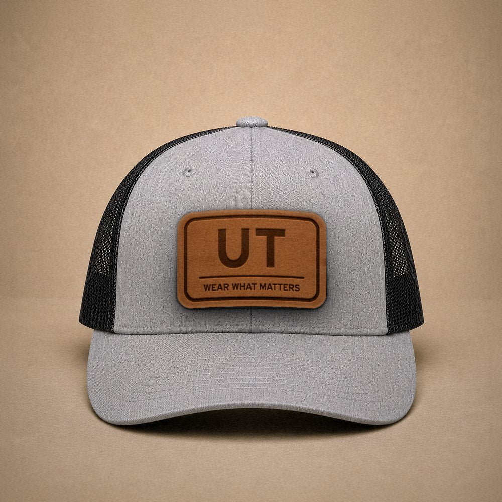 Heather Grey Utah hats — Utah UT Leather Patch Trucker Hat