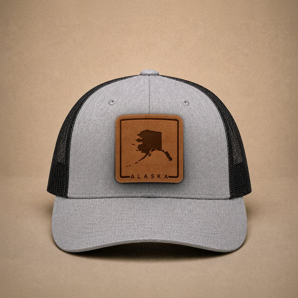 Heather Grey Alaska hats — Alaska Outline Leather Patch Trucker Hat