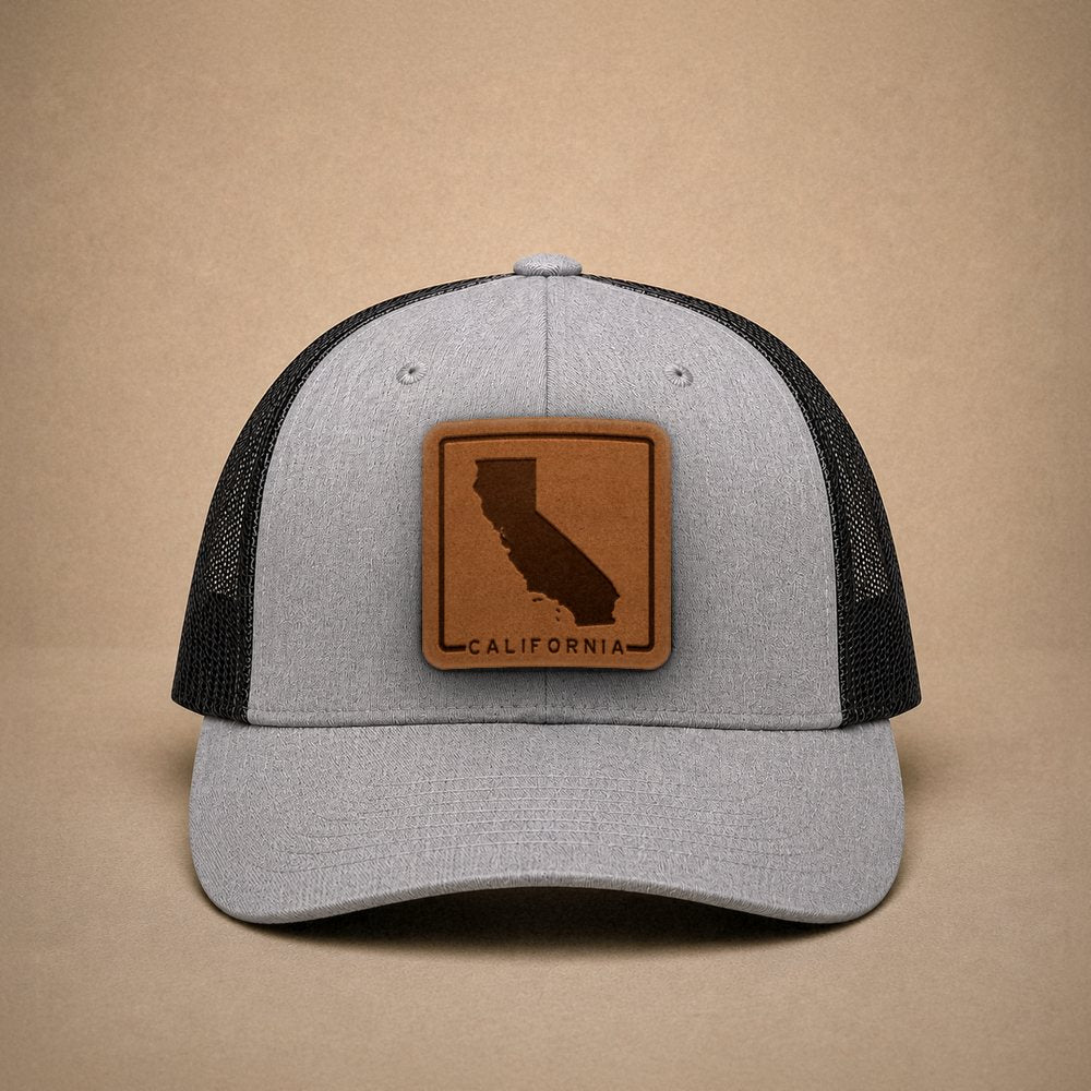 Heather Grey California hats — California Outline Leather Patch Trucker Hat