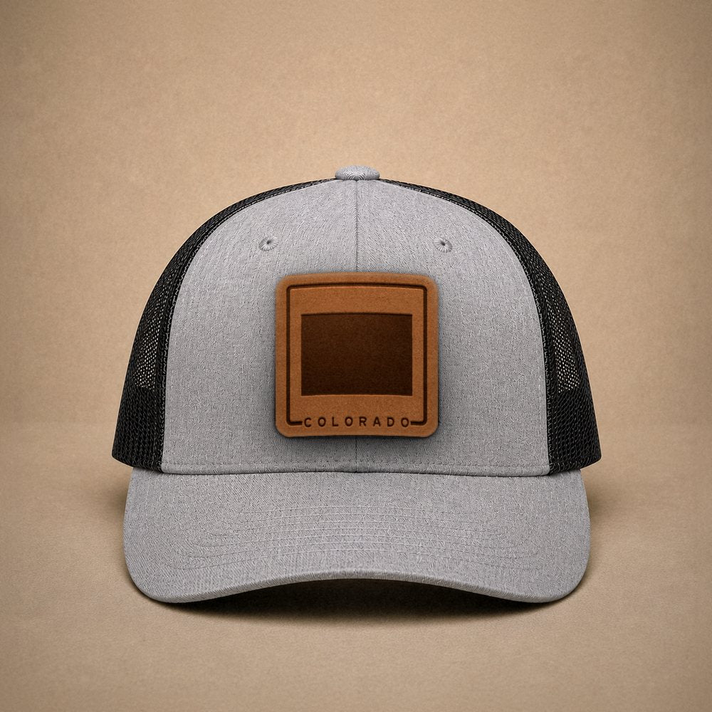 Heather Grey Colorado hats — Colorado Outline Leather Patch Trucker Hat
