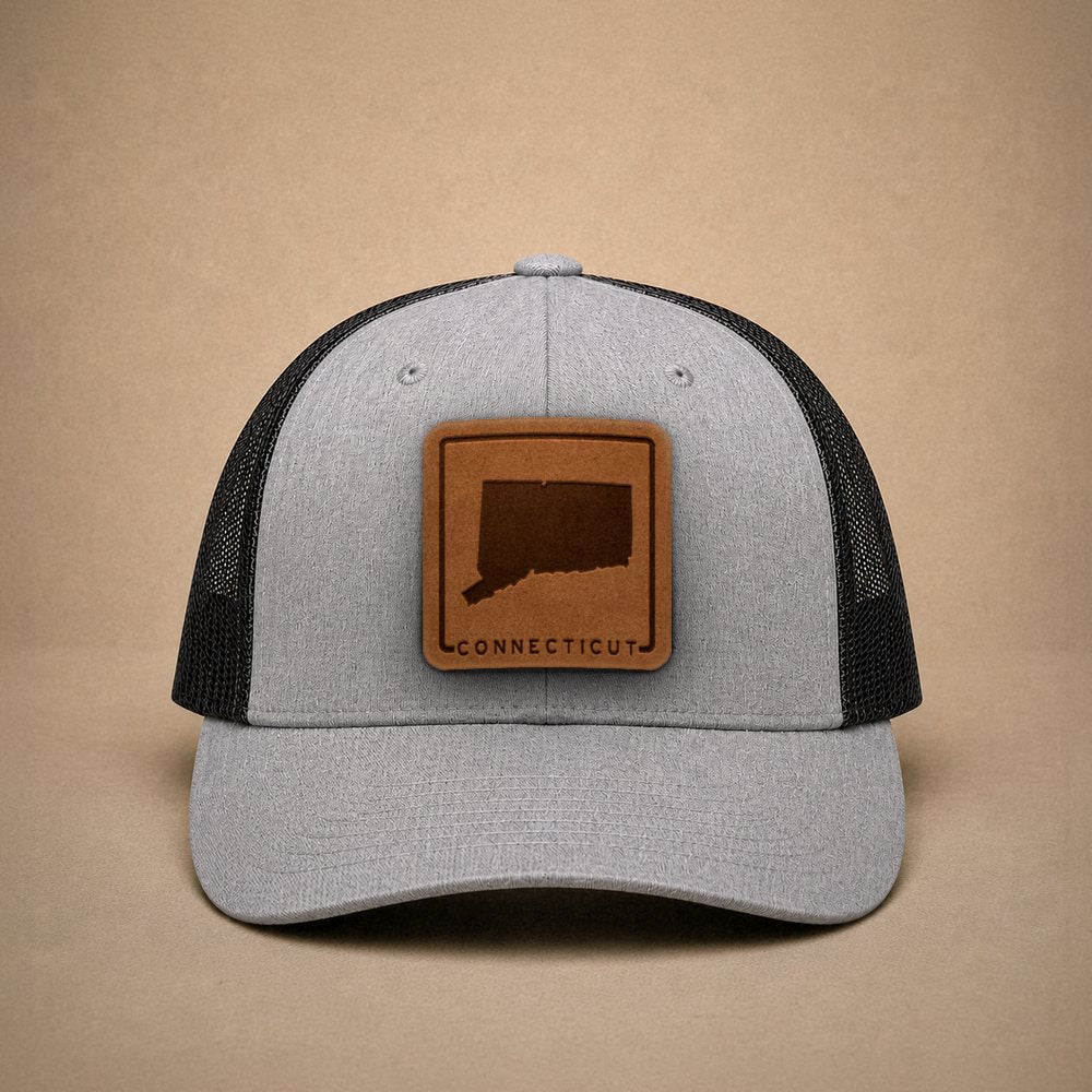 Heather Grey Connecticut hats — Connecticut Outline Leather Patch Trucker Hat