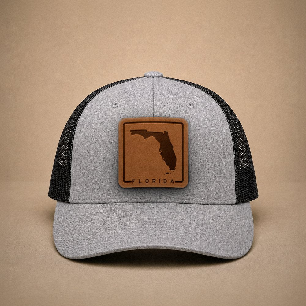 Heather Grey Florida hats — Florida Outline Leather Patch Trucker Hat