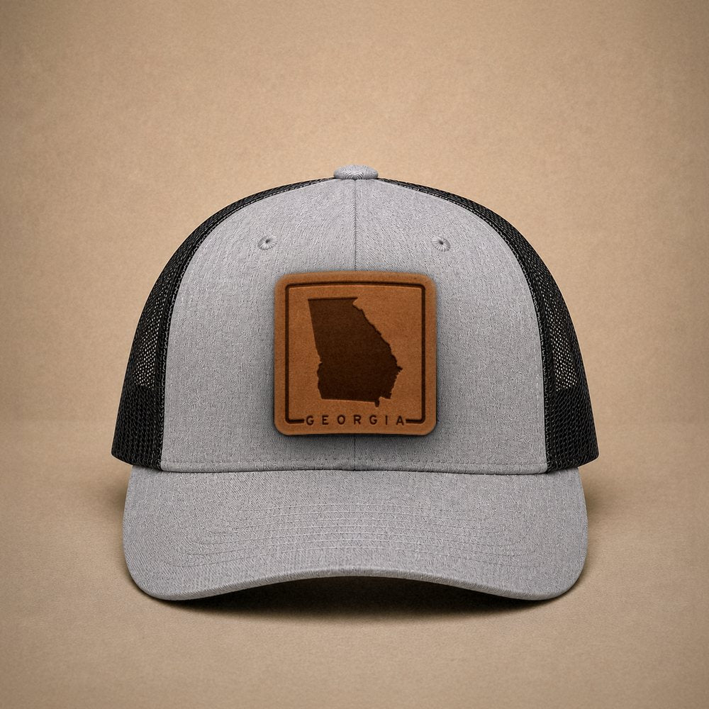Heather Grey Georgia hats — Georgia Outline Leather Patch Trucker Hat