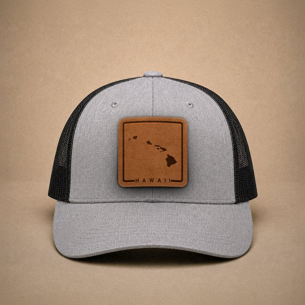 Heather Grey Hawaii hats — Hawaii Outline Leather Patch Trucker Hat