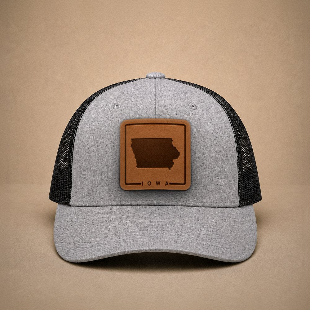 Heather Grey Iowa hats — Iowa Outline Leather Patch Trucker Hat