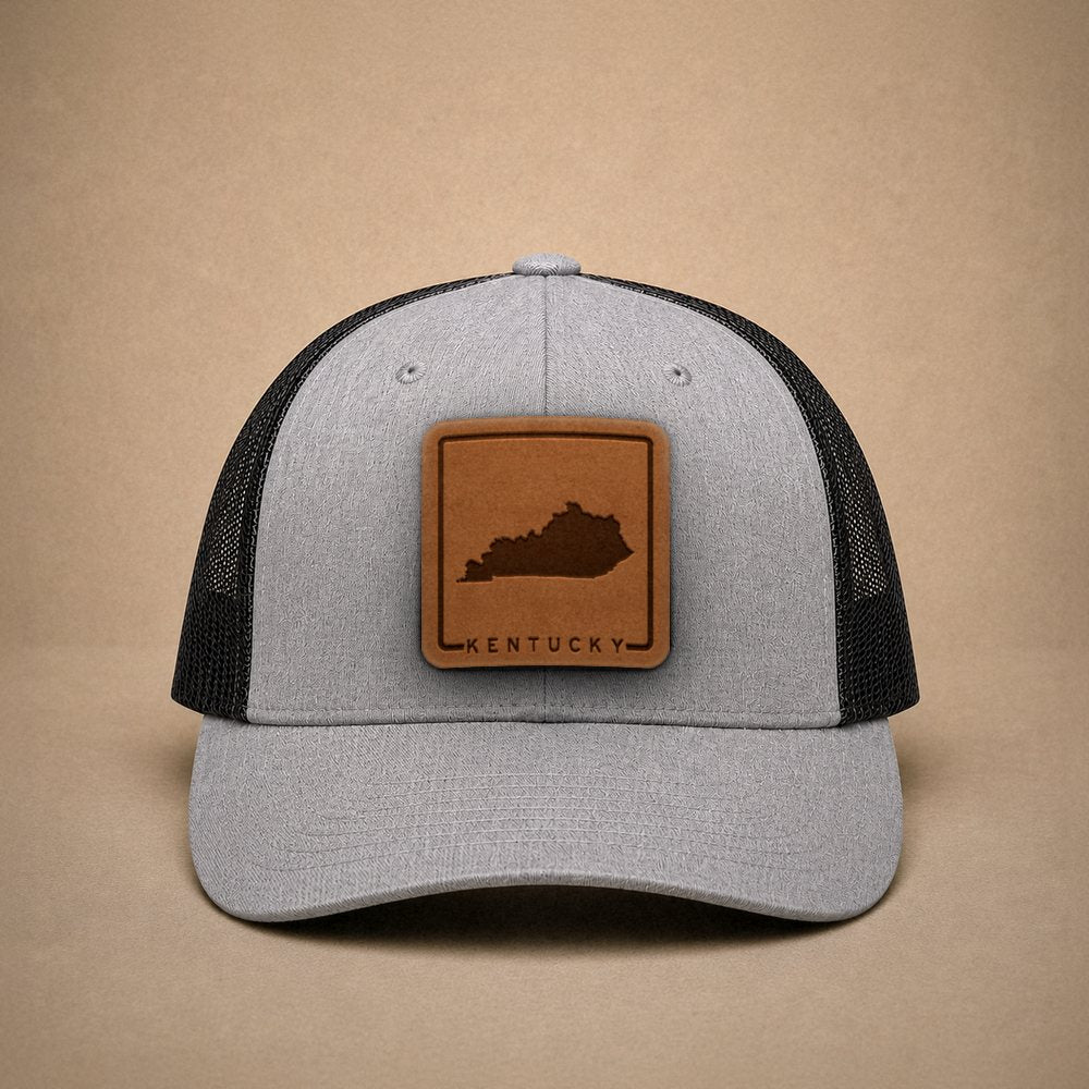 Heather Grey Kentucky hats — Kentucky Outline Leather Patch Trucker Hat