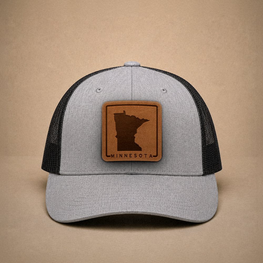 Heather Grey Minnesota hats — Minnesota Outline Leather Patch Trucker Hat