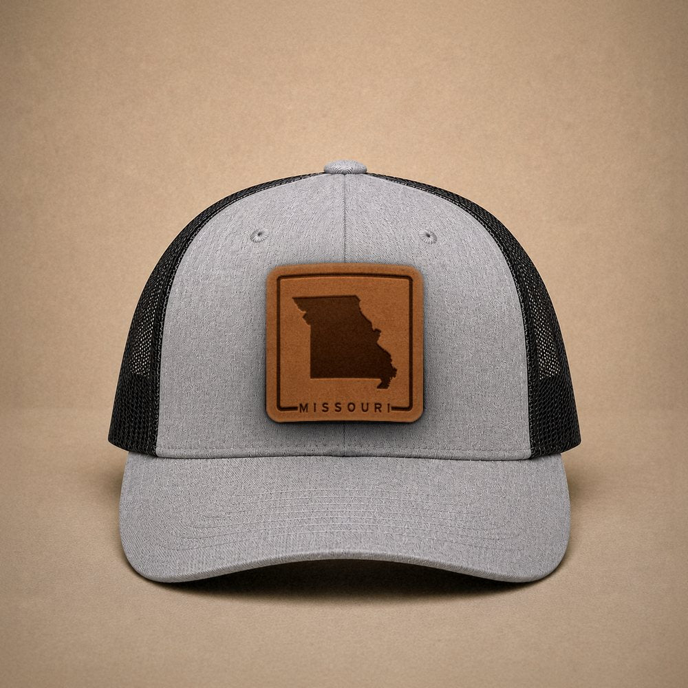 Heather Grey Missouri hats — Missouri Outline Leather Patch Trucker Hat