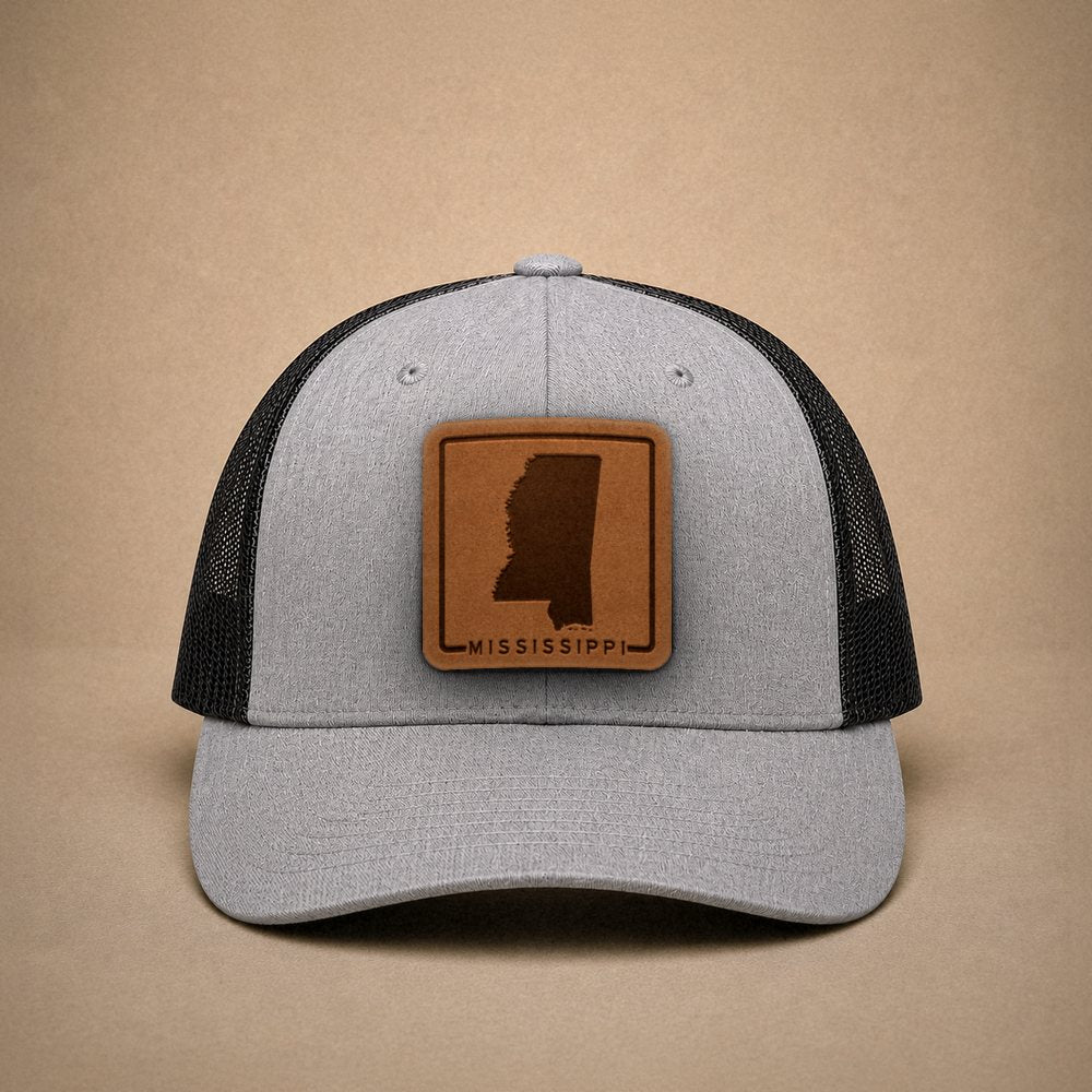 Heather Grey Mississippi hats — Mississippi Outline Leather Patch Trucker Hat