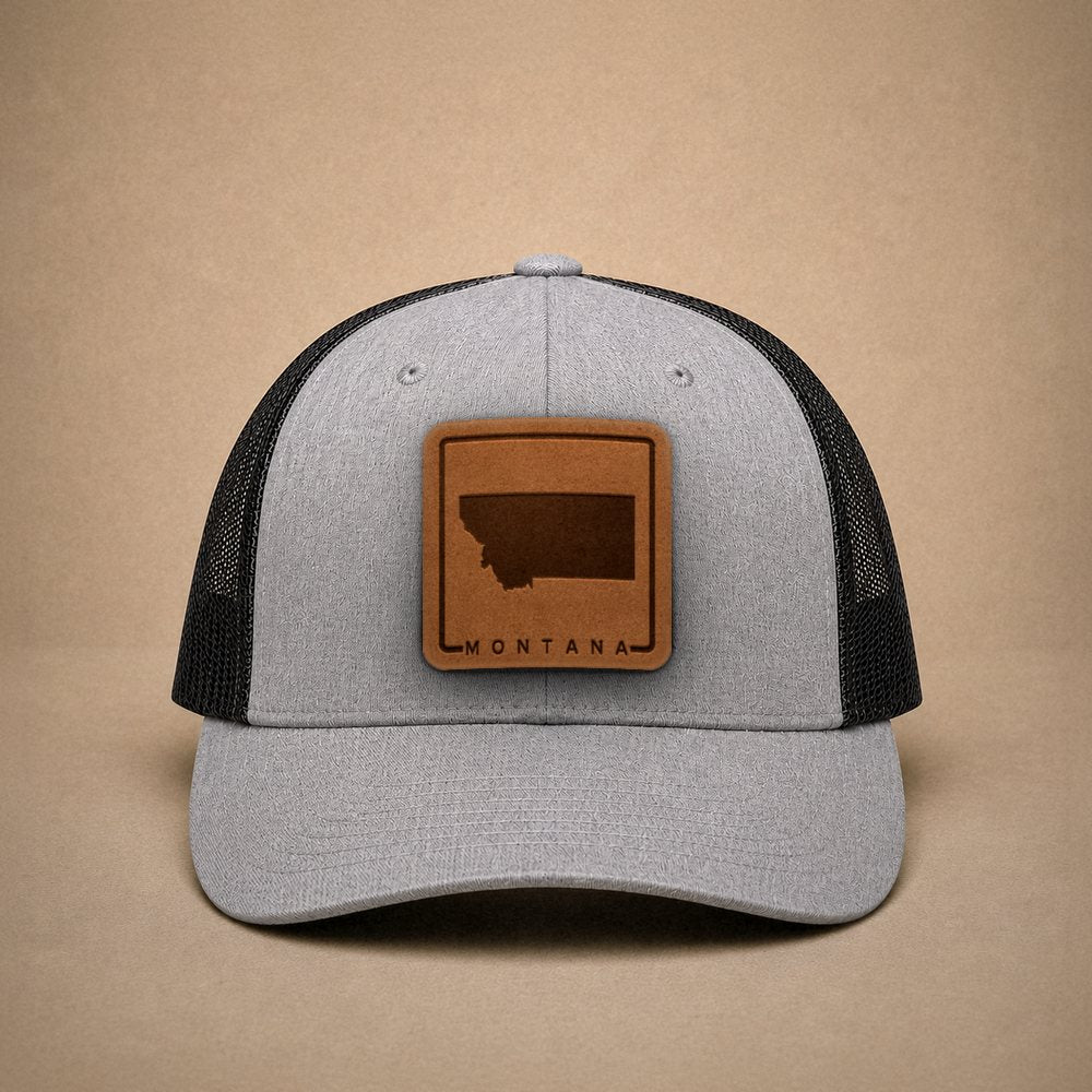 Heather Grey Montana hats — Montana Outline Leather Patch Trucker Hat